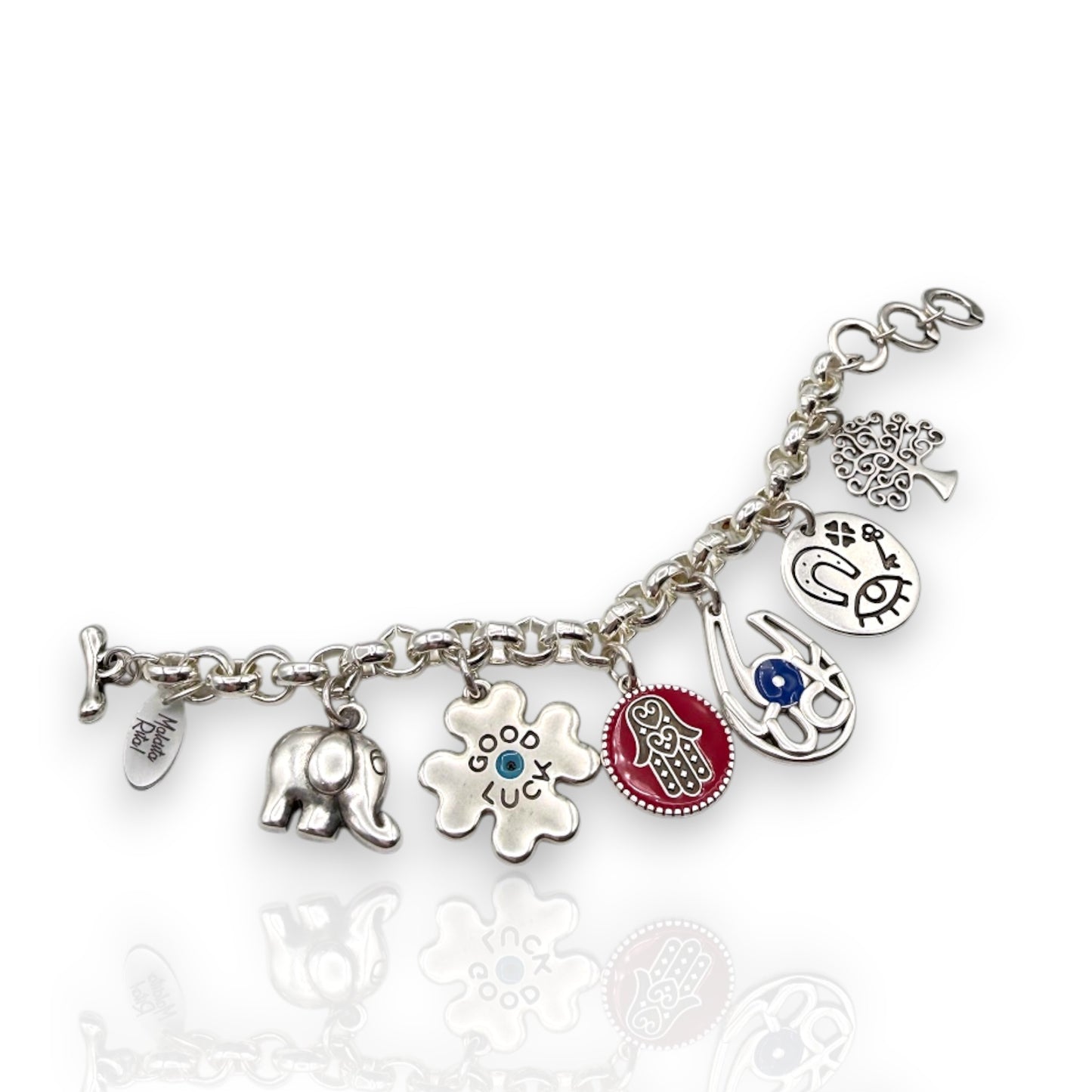 Pulsera Suertecita de Maldita Rita – pulsera de cadena con amuletos de la suerte hecha a mano en Almería, España. Abierta