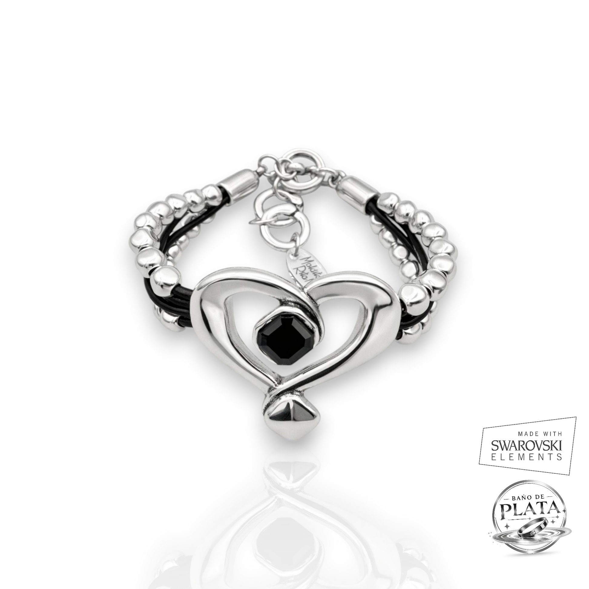 Pulsera Tesoro negra con un corazón y cristal de Swarovski negro de la marca Maldita Rita, vista desde arriba.
