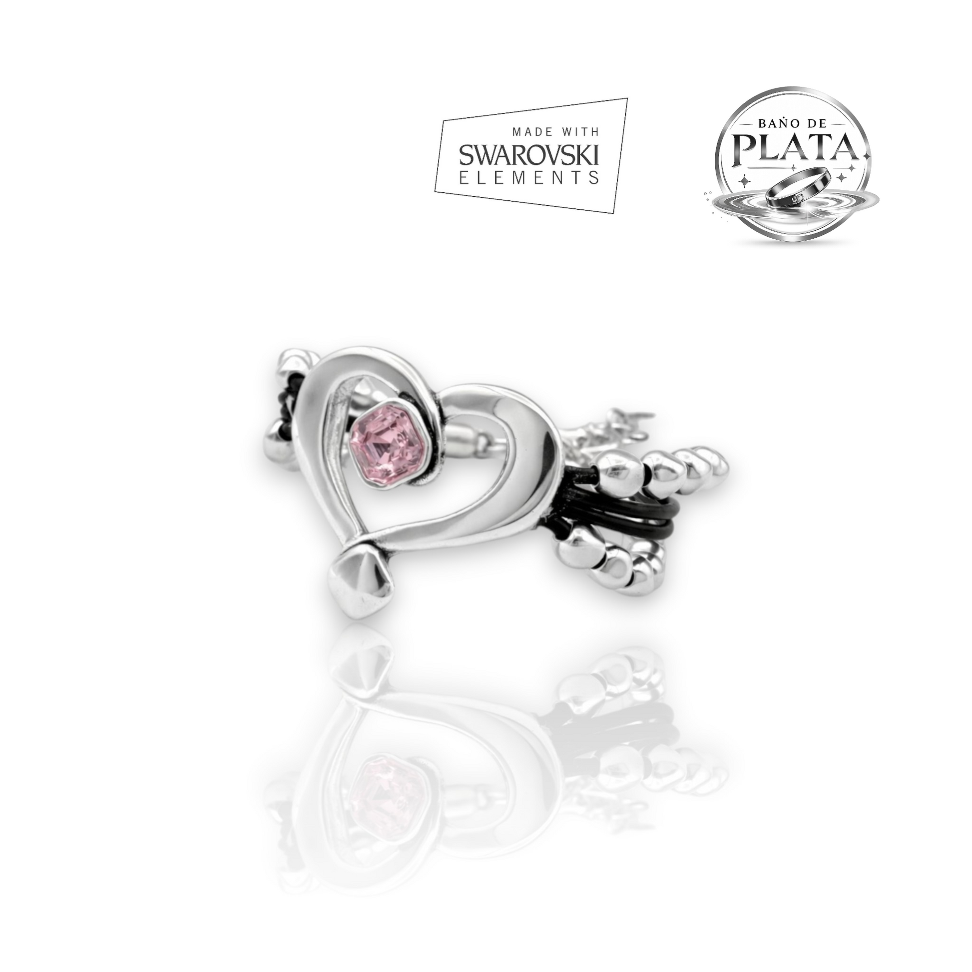 Pulsera de cuero y bolasde plata con corazón hueco y cristal de Swarovki rosa, de la marca Maldita Rita. Lateral con logos.