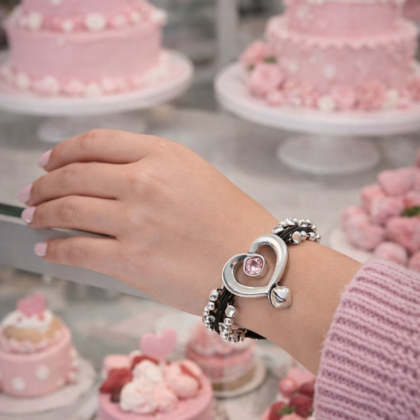 Pulsera de cuero y bolasde plata con corazón hueco y cristal de Swarovki rosa, de la marca Maldita Rita. Modelo pulsera y tartas.
