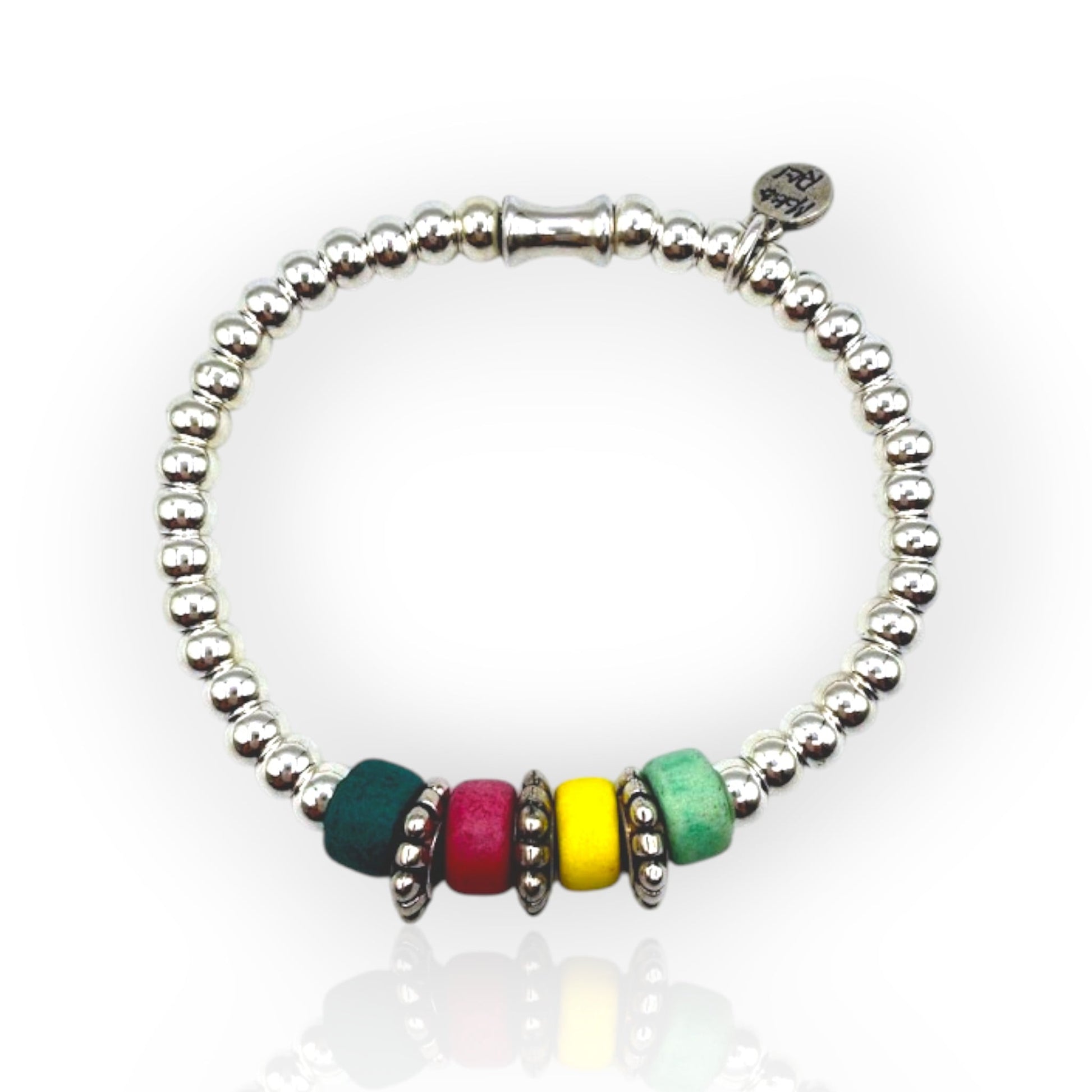 Pulsera elástica de bolas plata con colores cálidos de Maldita Rita, desde arriba