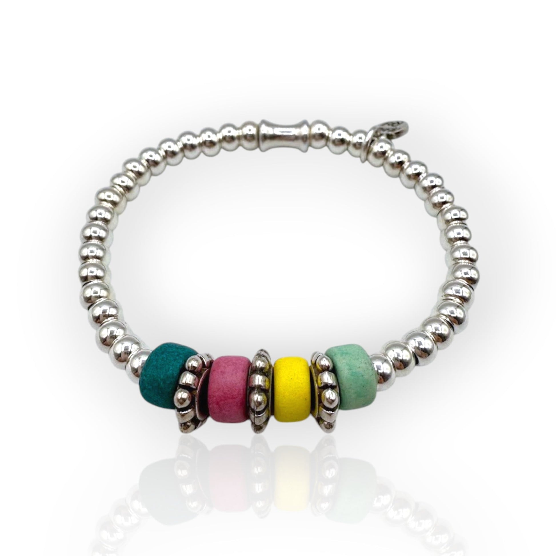 Pulsera elástica de bolas plata con colores cálidos de Maldita Rita