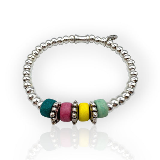Pulsera elástica de bolas plata con colores cálidos de Maldita Rita