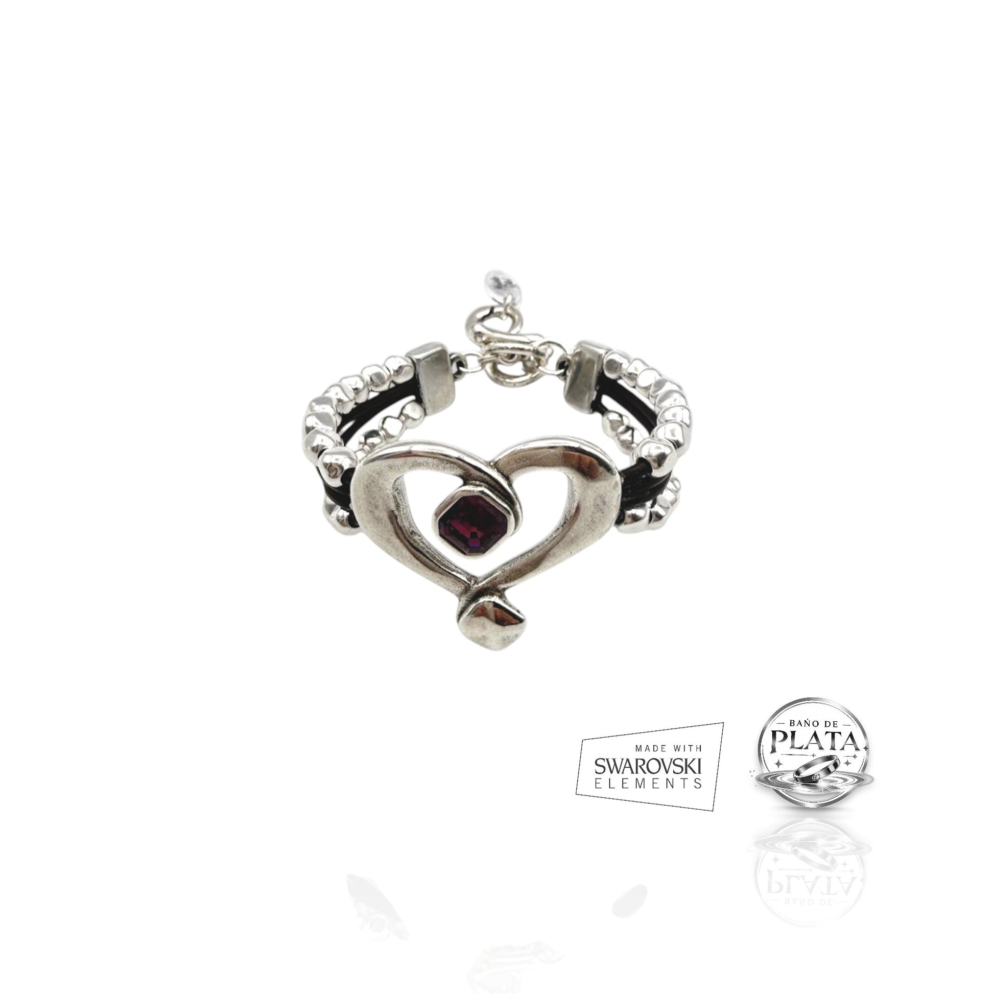 Pulsera de cuero negro con corazón en baño de plata y cristal Swarovski morado de Maldita Rita