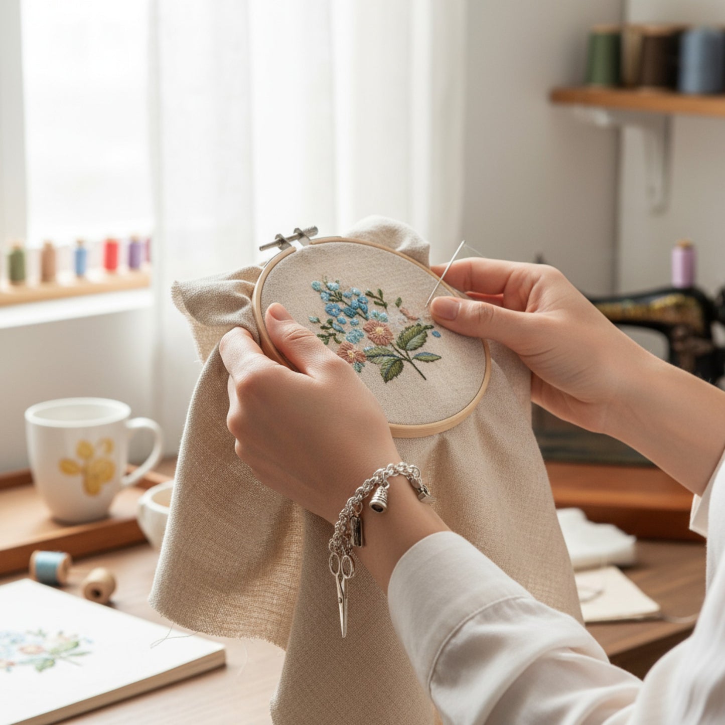 Pulsera Modista, Costurera de Maldita Rita Joyería, modelo bordando
