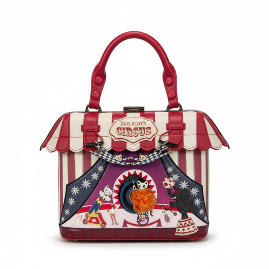 Bolso de mano Skelecat´s Travelling Ghost Circus de Vendula London, venta en Maldita Rita. Visto de frente. 