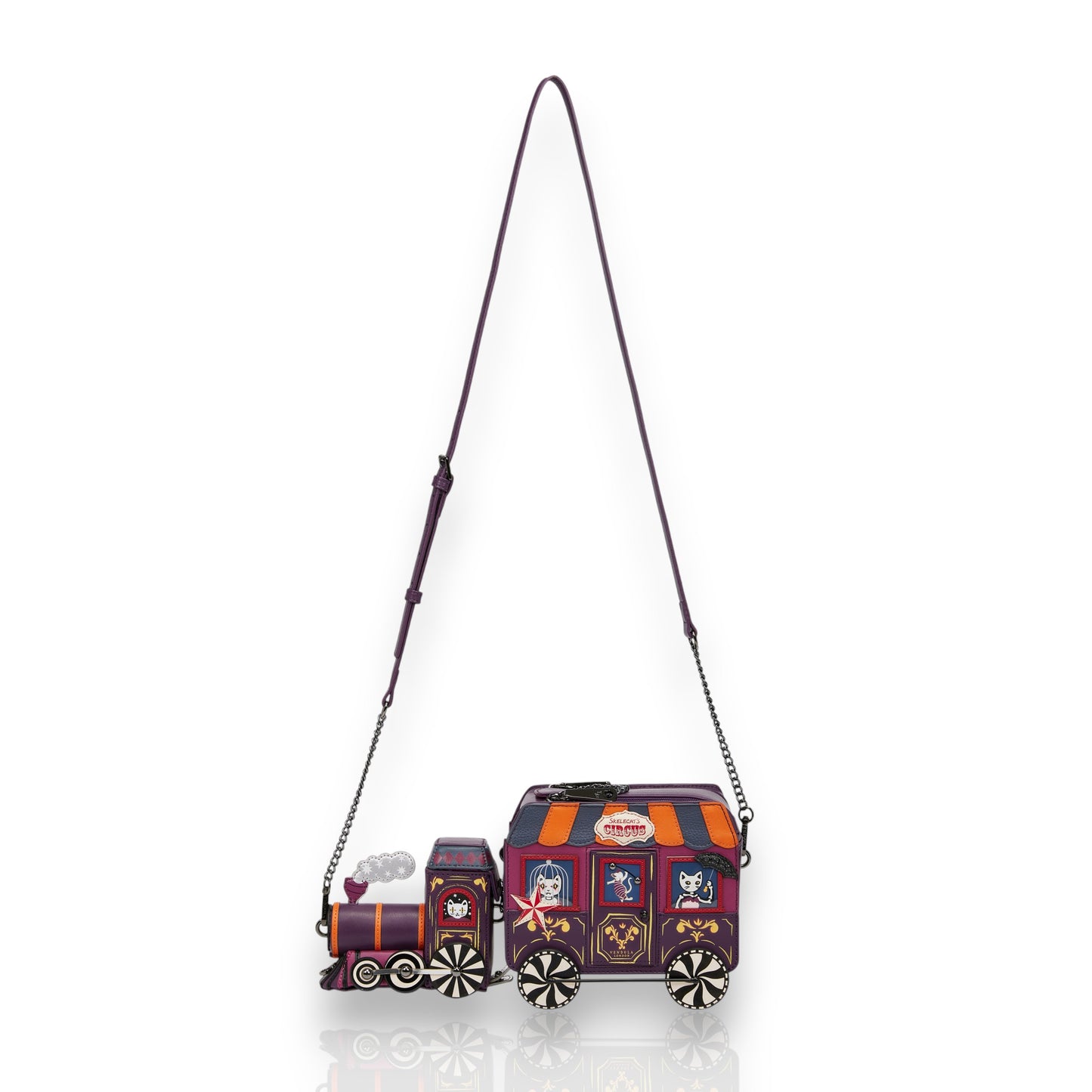 Bolso Tren Skelecat´s travelling Ghost Circus de Vendula London, venta en Maldita Rita, con bandolera.