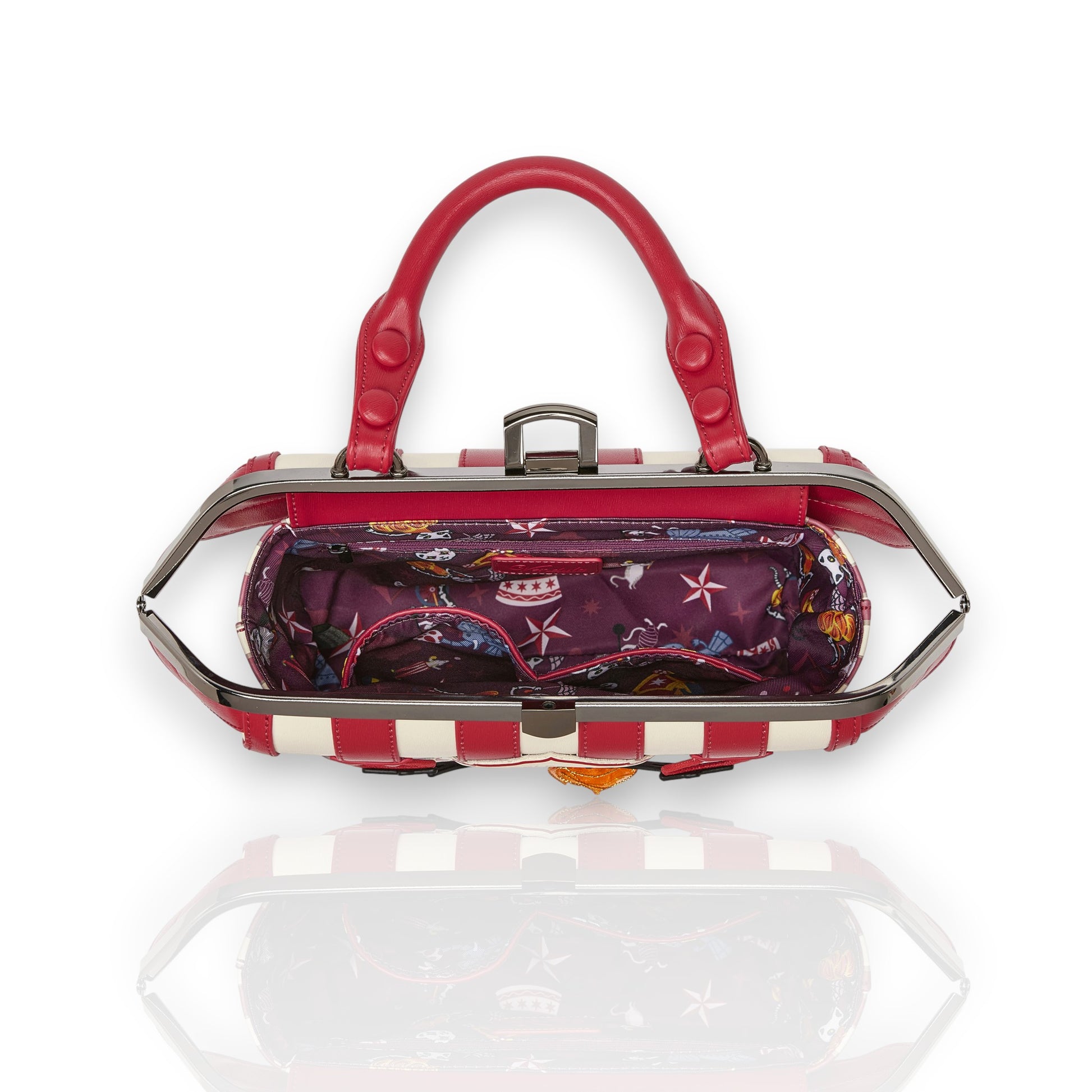 Bolso de mano Skelecat´s Travelling Ghost Circus de Vendula London, venta en Maldita Rita.  Abierto.