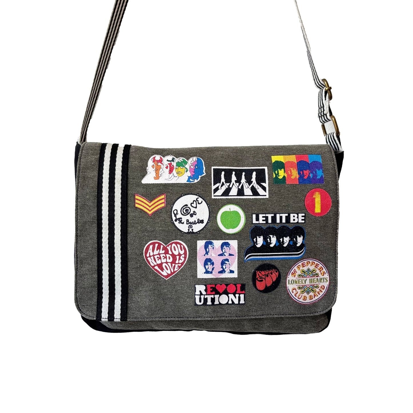 Bolso bandolera oficial The Beatles Abbey Road con parches de álbumes Beatles, venta en Maldita Rita.