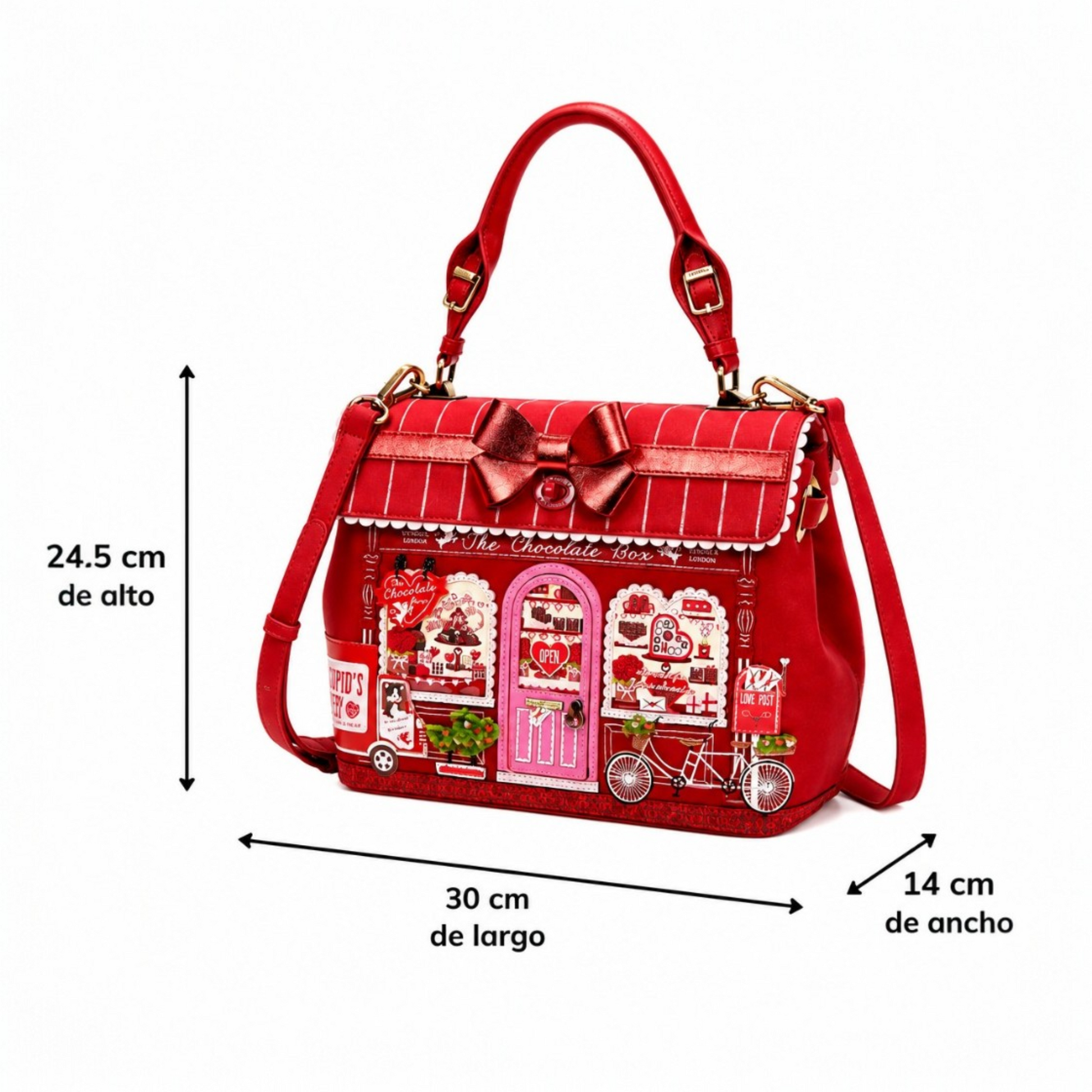 The Chocolate Box, bolso Grace de Vendula London y venta en Maldita Rita. Bolso rojo de tienda de bombones. Medidas.