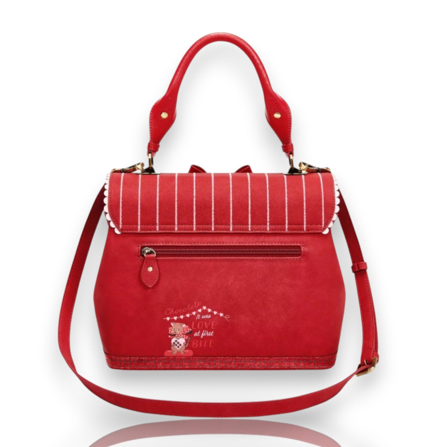 The Chocolate Box, bolso Grace de Vendula London y venta en Maldita Rita. Bolso rojo de tienda de bombones. Trasera.