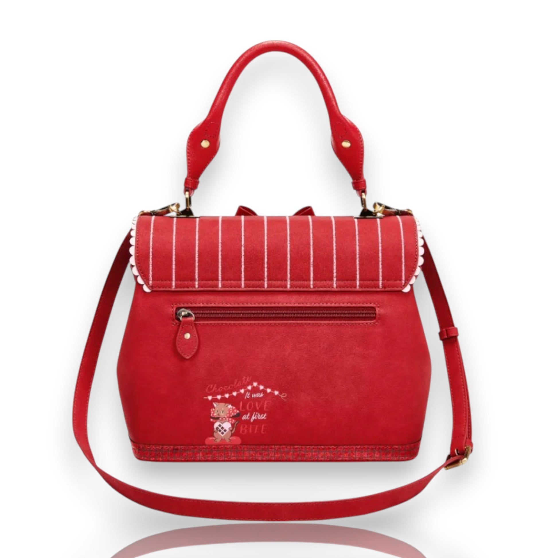 The Chocolate Box, bolso Grace de Vendula London y venta en Maldita Rita. Bolso rojo de tienda de bombones. Trasera.