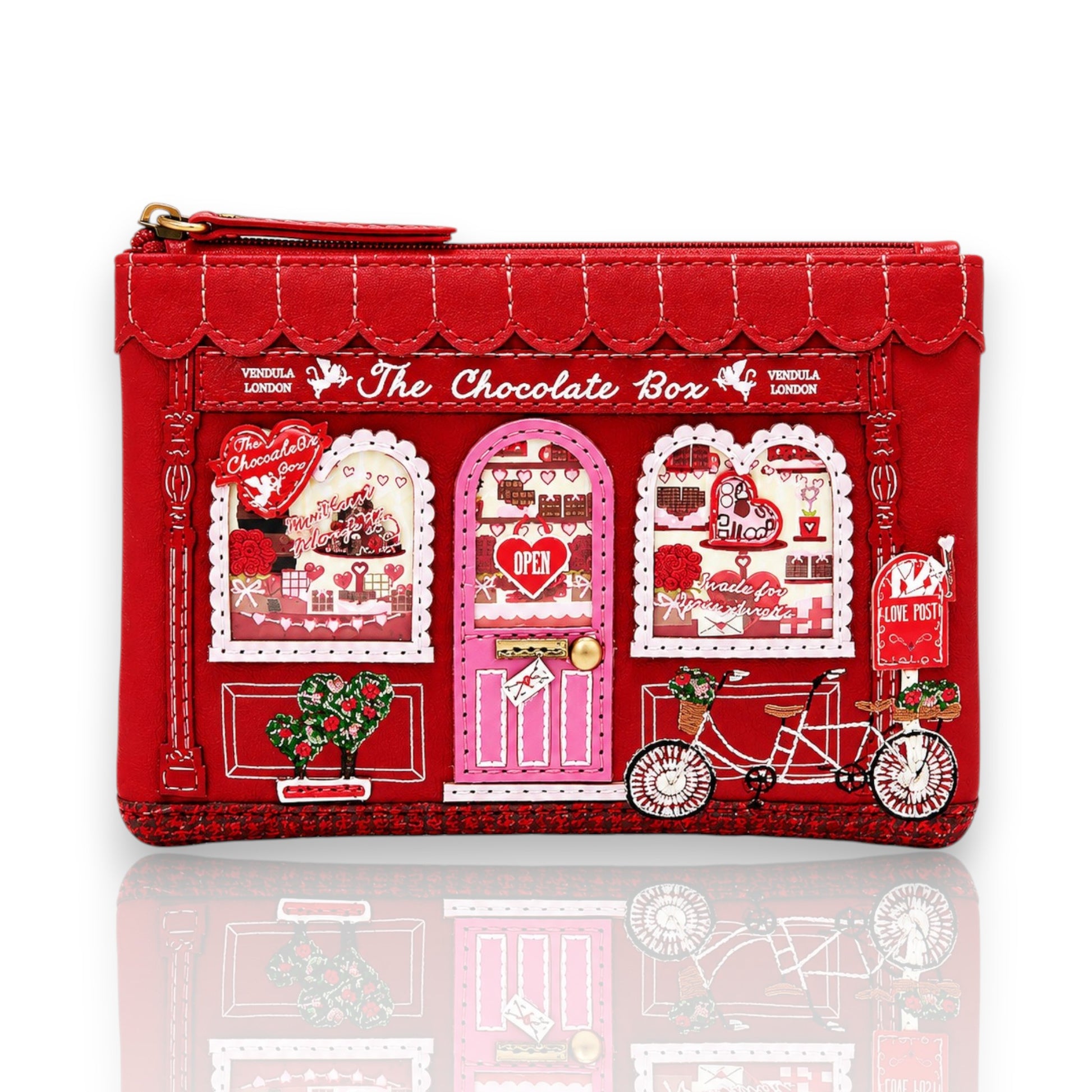 The Chocolate Box, monedero con cremallera de la marca Vendula London, venta en Maldita Rita. Bombonería color rojo.
