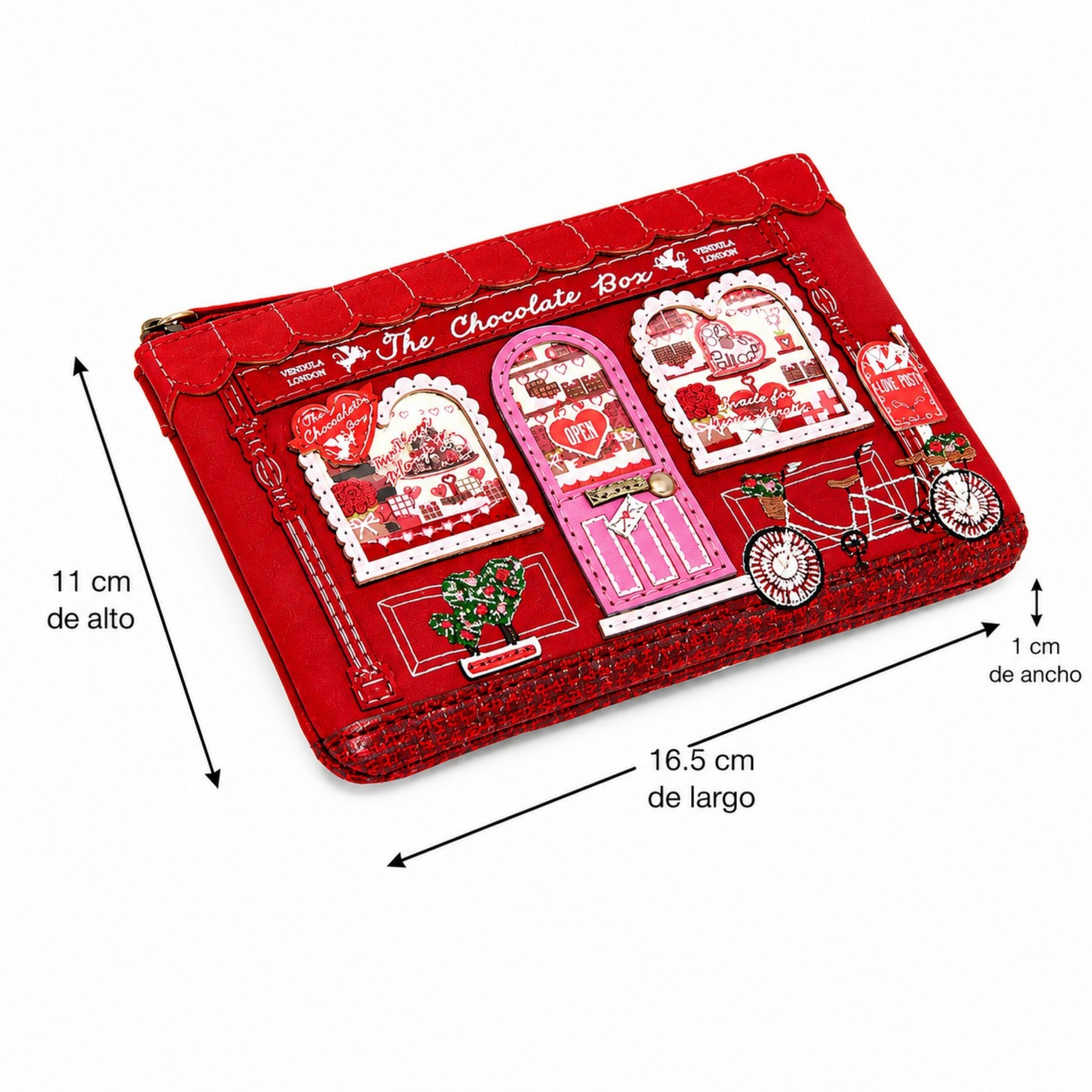 The Chocolate Box, monedero con cremallera de la marca Vendula London, venta en Maldita Rita. Bombonería color rojo. Medidas de la pieza.