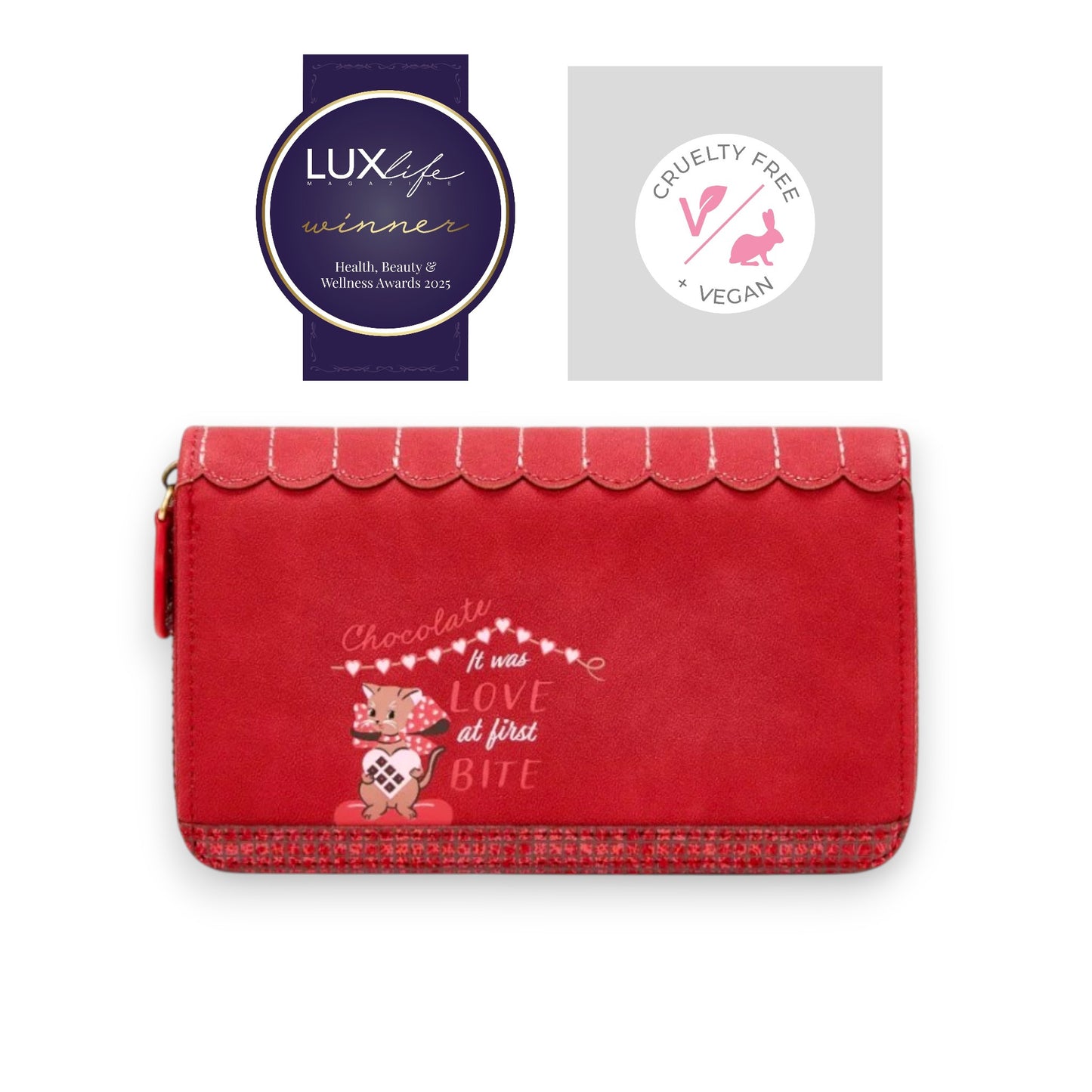 The Chocolate Box, monedero mediano con cremallera, tienda de bombones en rojo, venta en Maldita Rita. Trasera.