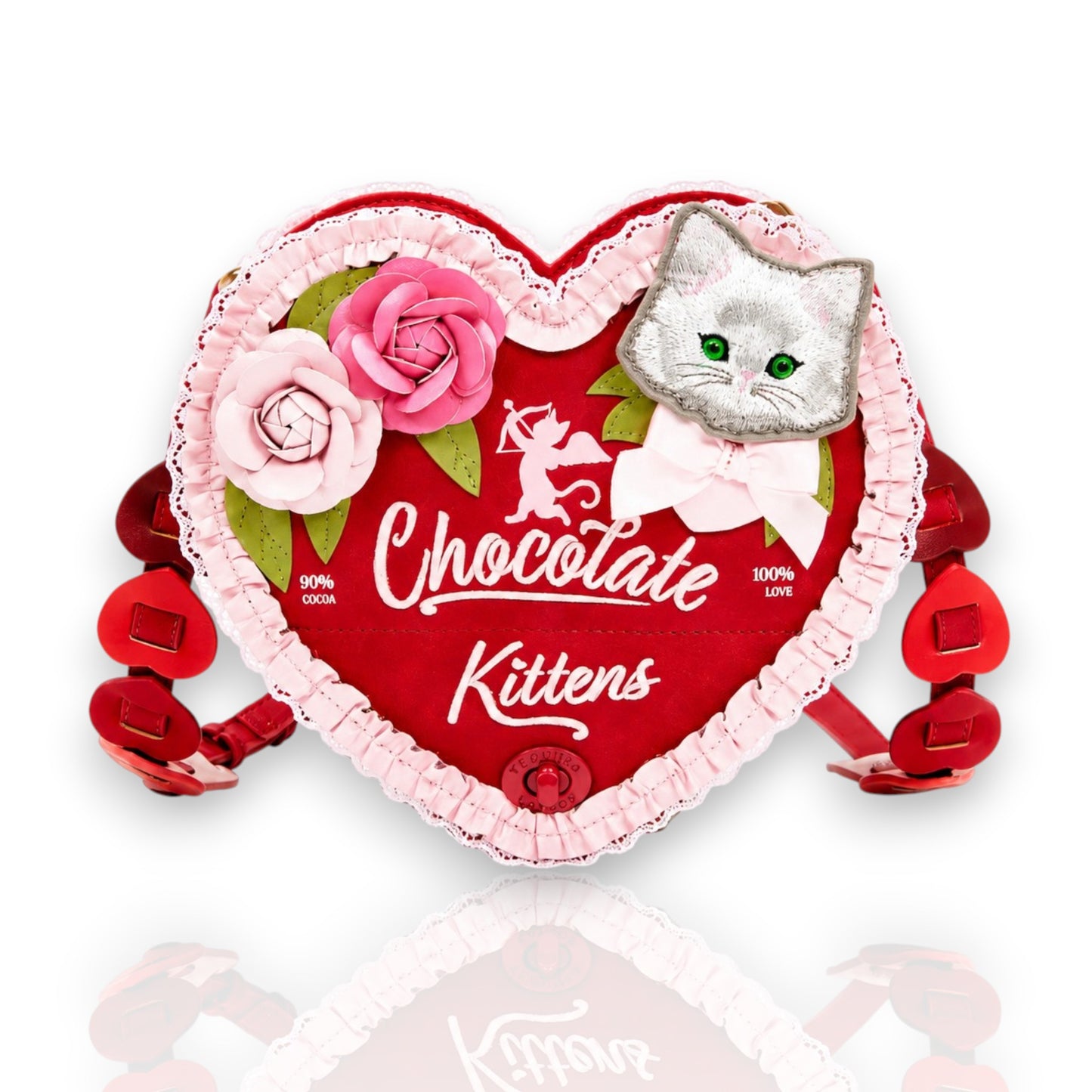 The Chocolate box, bolso corazón de venta en Maldita Rita. Bolso rojo como una caja de bombones y un gato.