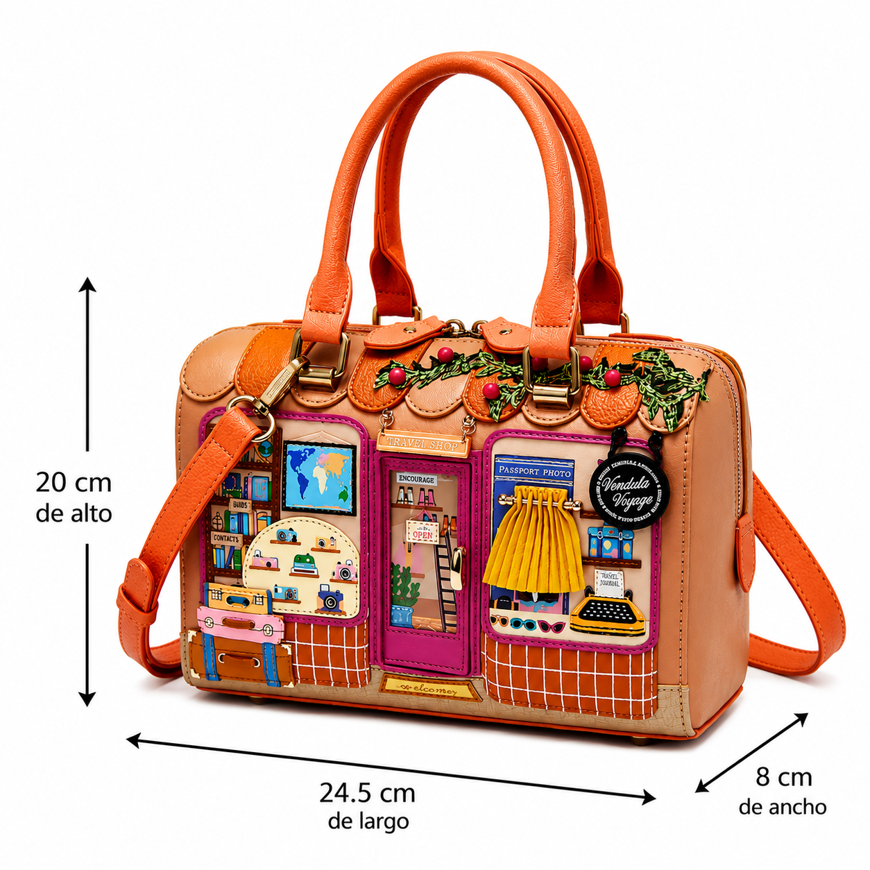 Vendula Voyage bolso bowler de Vendula London. Tienda de viajes, venta en Maldita Rita. Vista lateral y con medidas.