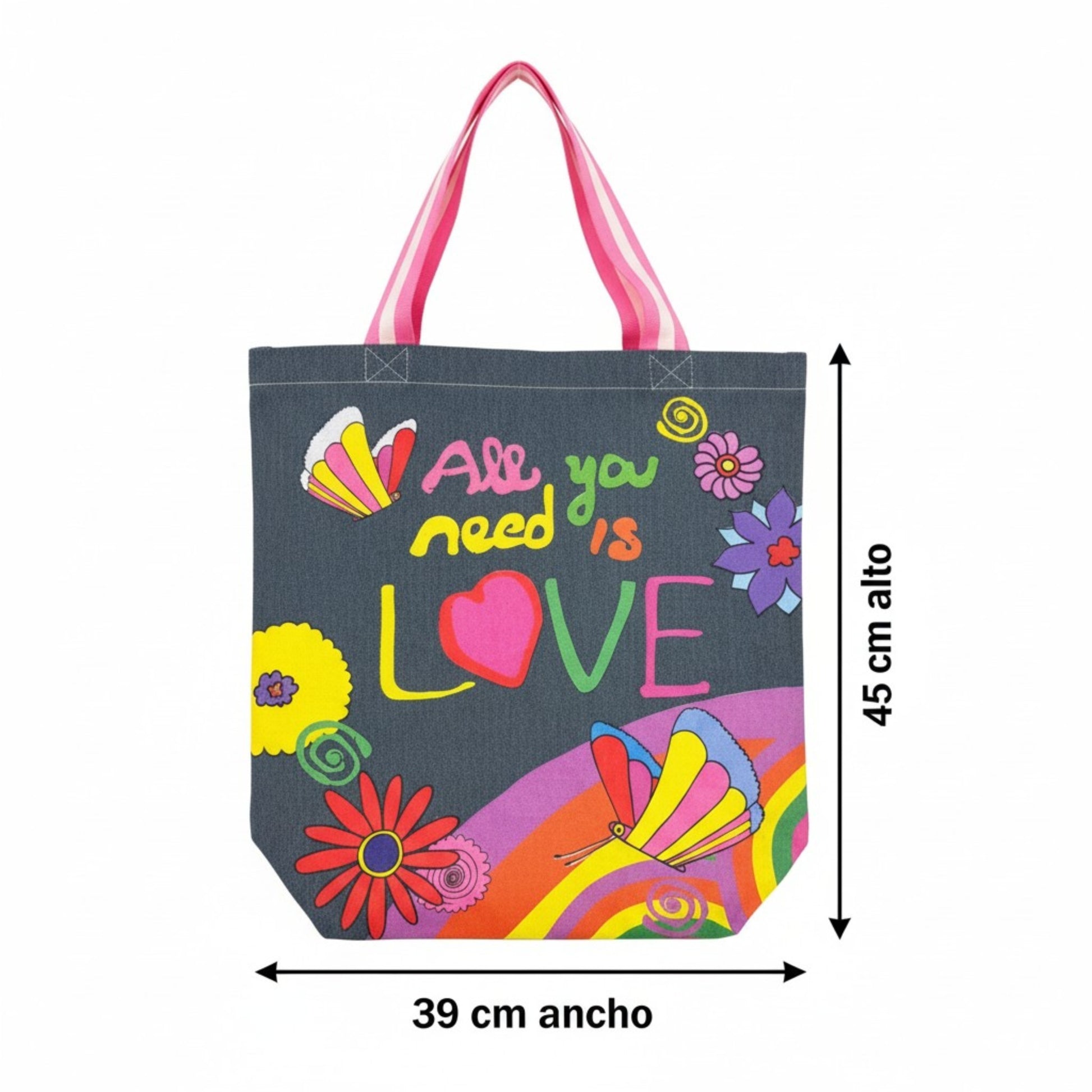 Bolso tote vaquero de los Beatles "All you need is Love" venta en Maldita Rita. Medidas.
