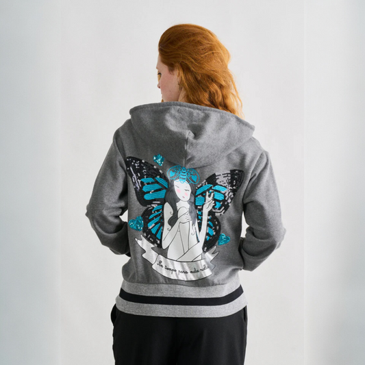 Chaqueta sudadera Borboleta de la marca Anabel Lee ropa, venta en Maldita Rita, espalda.