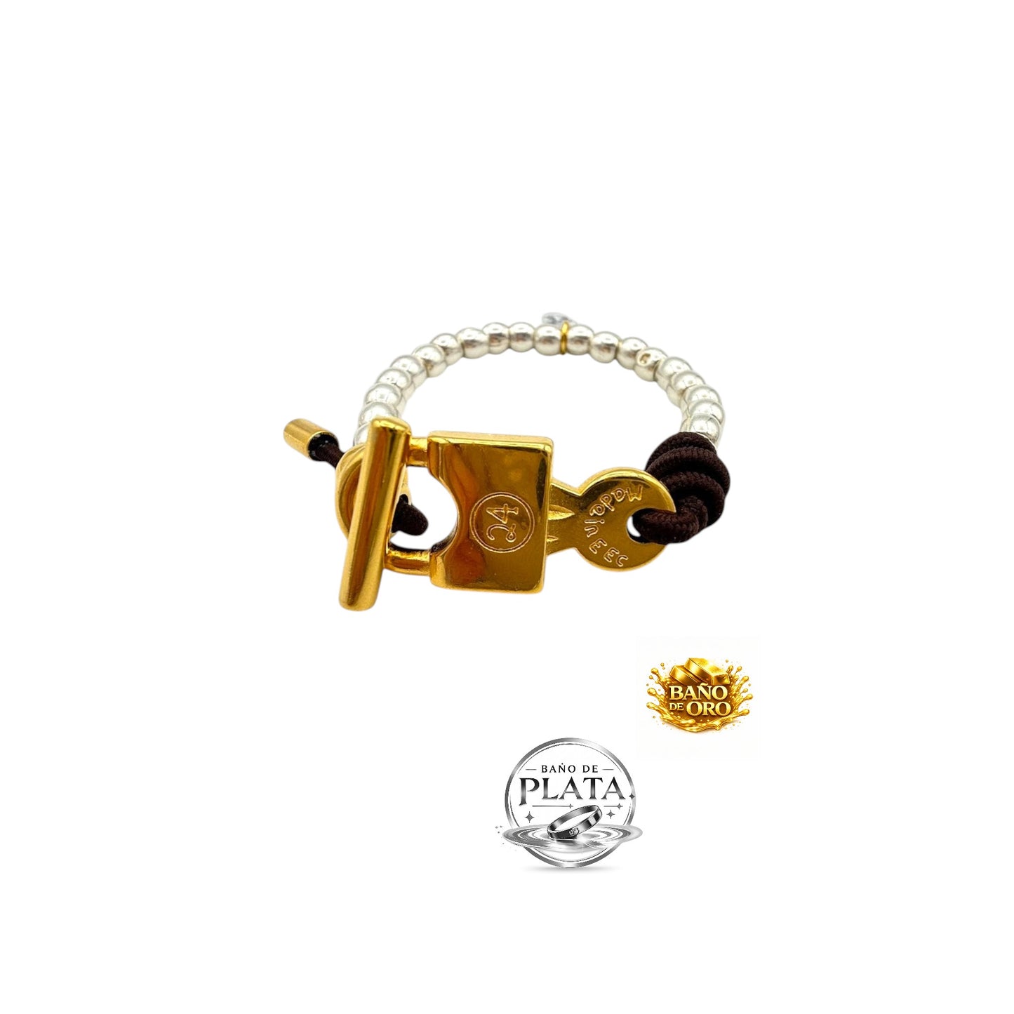 Pulsera Elastica en plata y oro con cierre de candado y elástico marrón, de la marca Maldita Rita, con baño de oro y de plata.