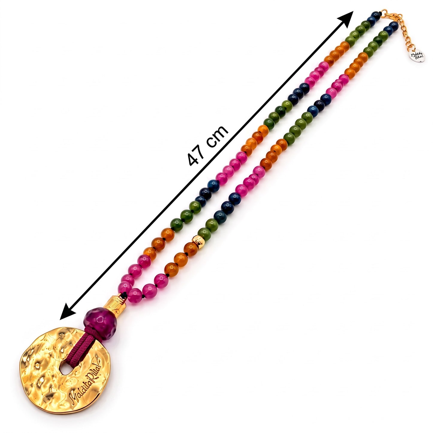 Collar de piedras naturales con medallón redondo en oro, colección Lunática oro de Maldita Rita Joyería. Medidas del collar.