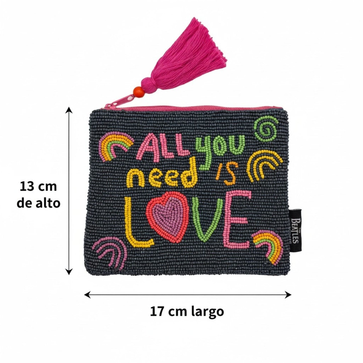 Monedero con cremallera The Beatles All you need is love, con licencia oficial Apple Corp, venta en Maldita Rita. Medidas.