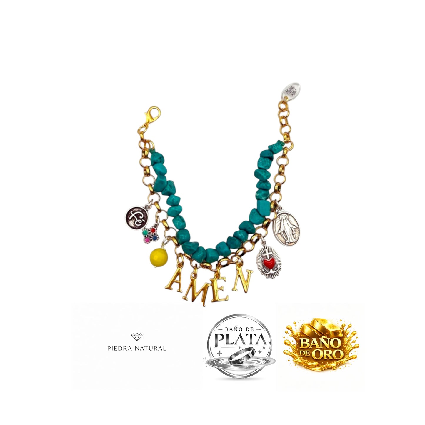 Pulsera Festivibe Amen de Maldita Rita. Cadena dorada y turquesas con charms y letras. Logos de calidad.
