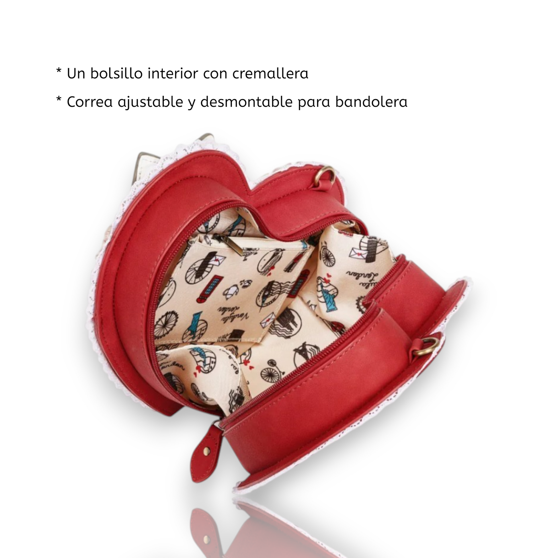 The Chocolate box, bolso corazón de venta en Maldita Rita. Bolso rojo como una caja de bombones y un gato. Interior.