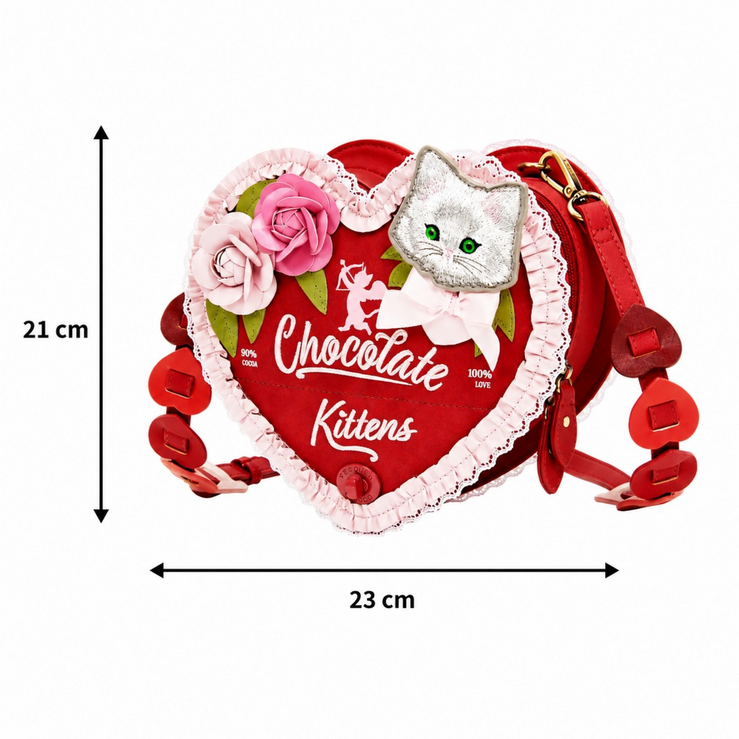 The Chocolate box, bolso corazón de venta en Maldita Rita. Bolso rojo como una caja de bombones y un gato. Medidas del bolso.
