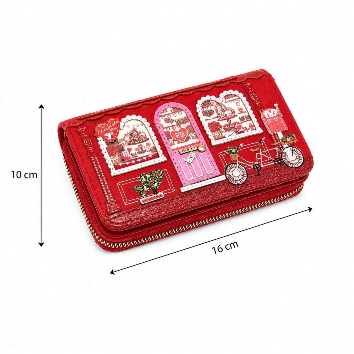 The Chocolate Box, monedero mediano con cremallera, tienda de bombones en rojo, venta en Maldita Rita. Medidas.